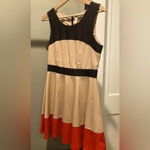 Red-orange, tan, colorblock dress, faux leather black accents